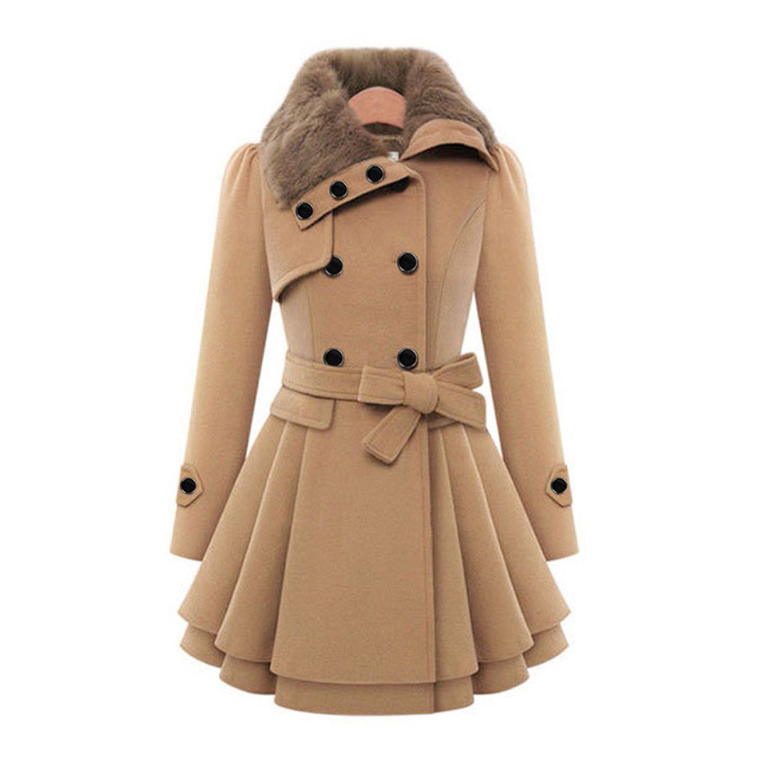 Women's winter coat in camel with faux fur collar, belted peplum and double breasted front