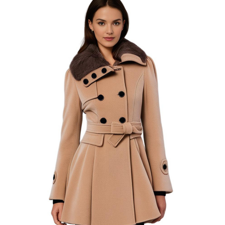 Close-up of model wearing the camel coat with dark fur collar