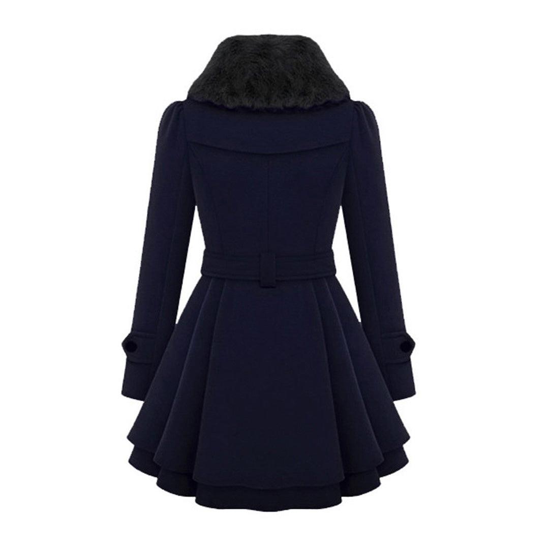 Navy coat back view with fur collar, belt and flared hem