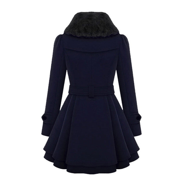 Navy coat back view with fur collar, belt and flared hem