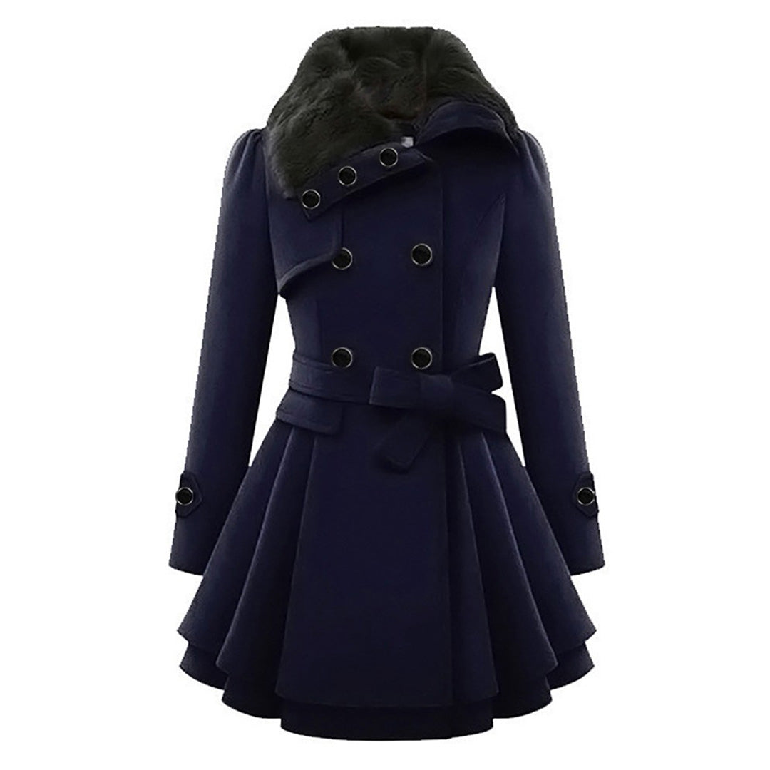 Navy peplum coat with faux fur collar and belt bow, front view
