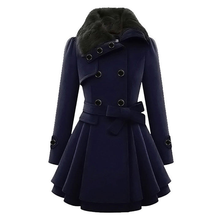 Navy peplum coat with faux fur collar and belt bow, front view