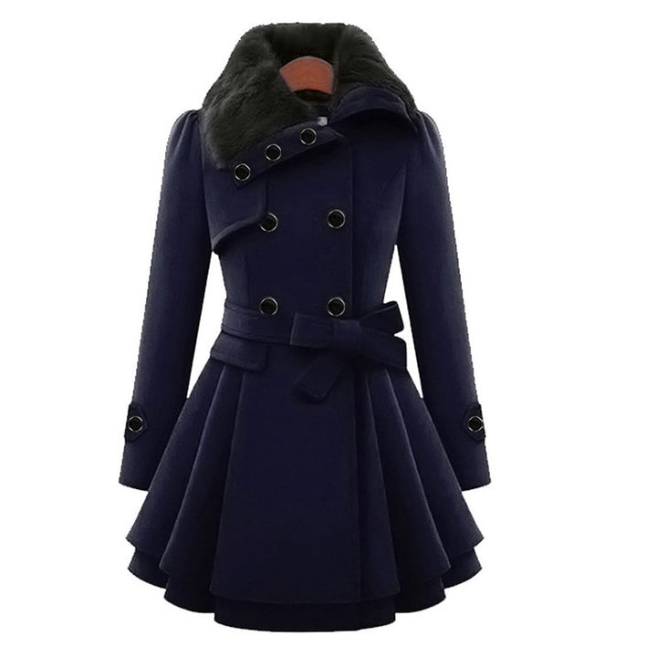 Navy winter coat with dark faux fur collar and flared peplum hem