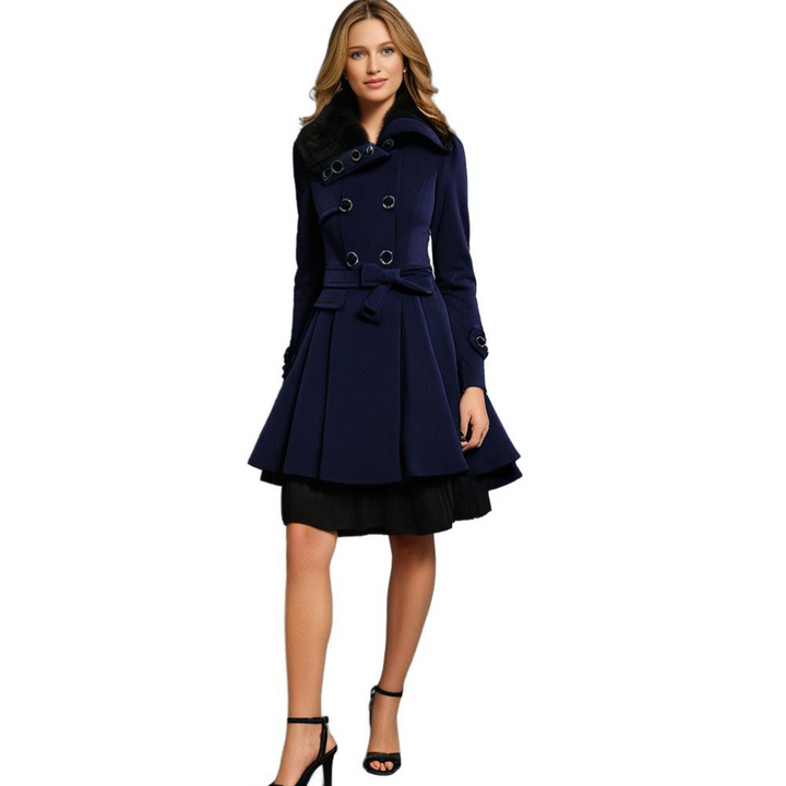 Navy peplum winter coat on model styled with black heels