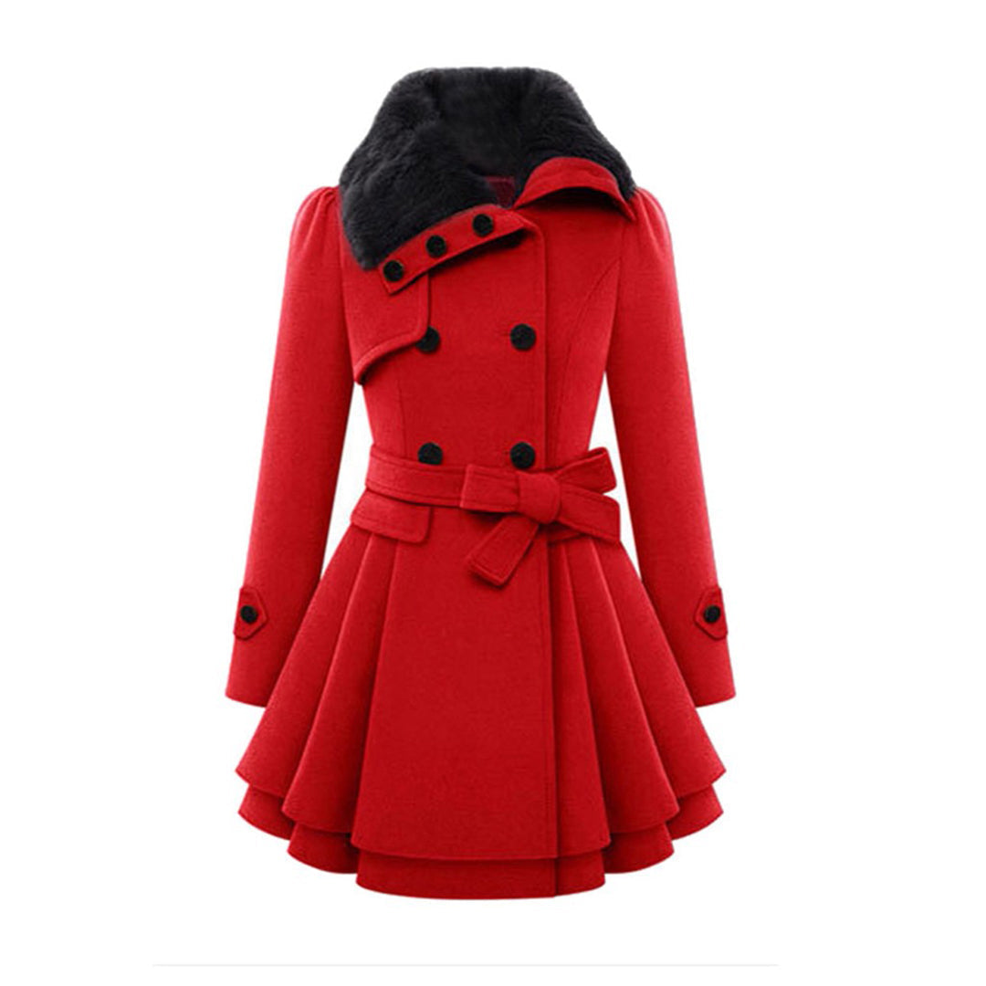 Red double breasted coat with fur collar and tied belt, front view