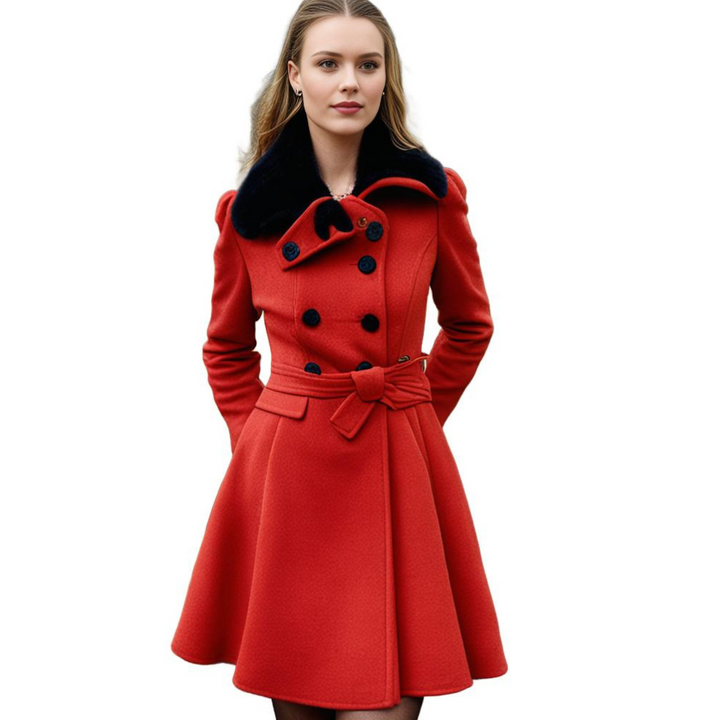 Model in a red belted coat with fur collar and flared hem