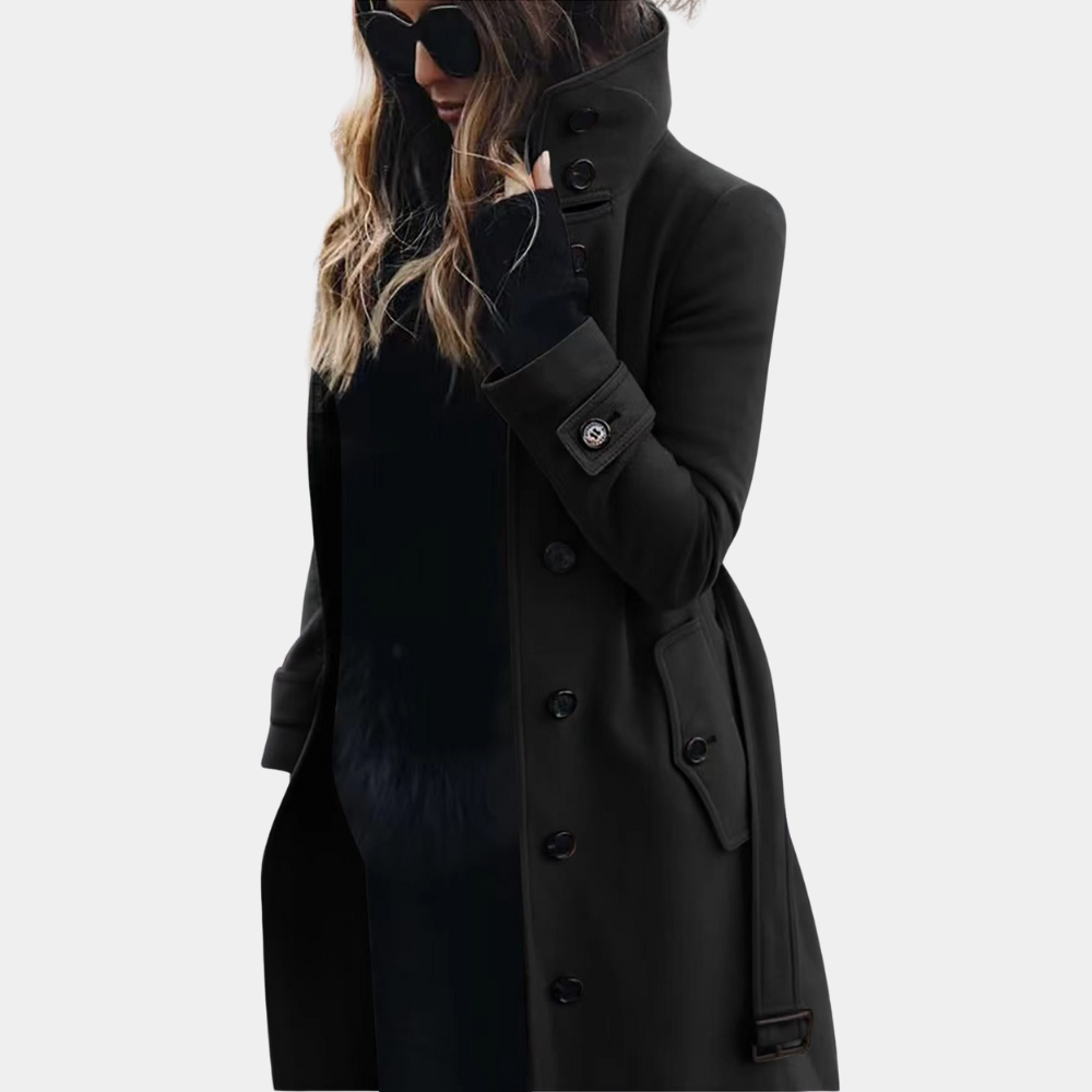 Black funnel neck coat with belt and button front, shown on model