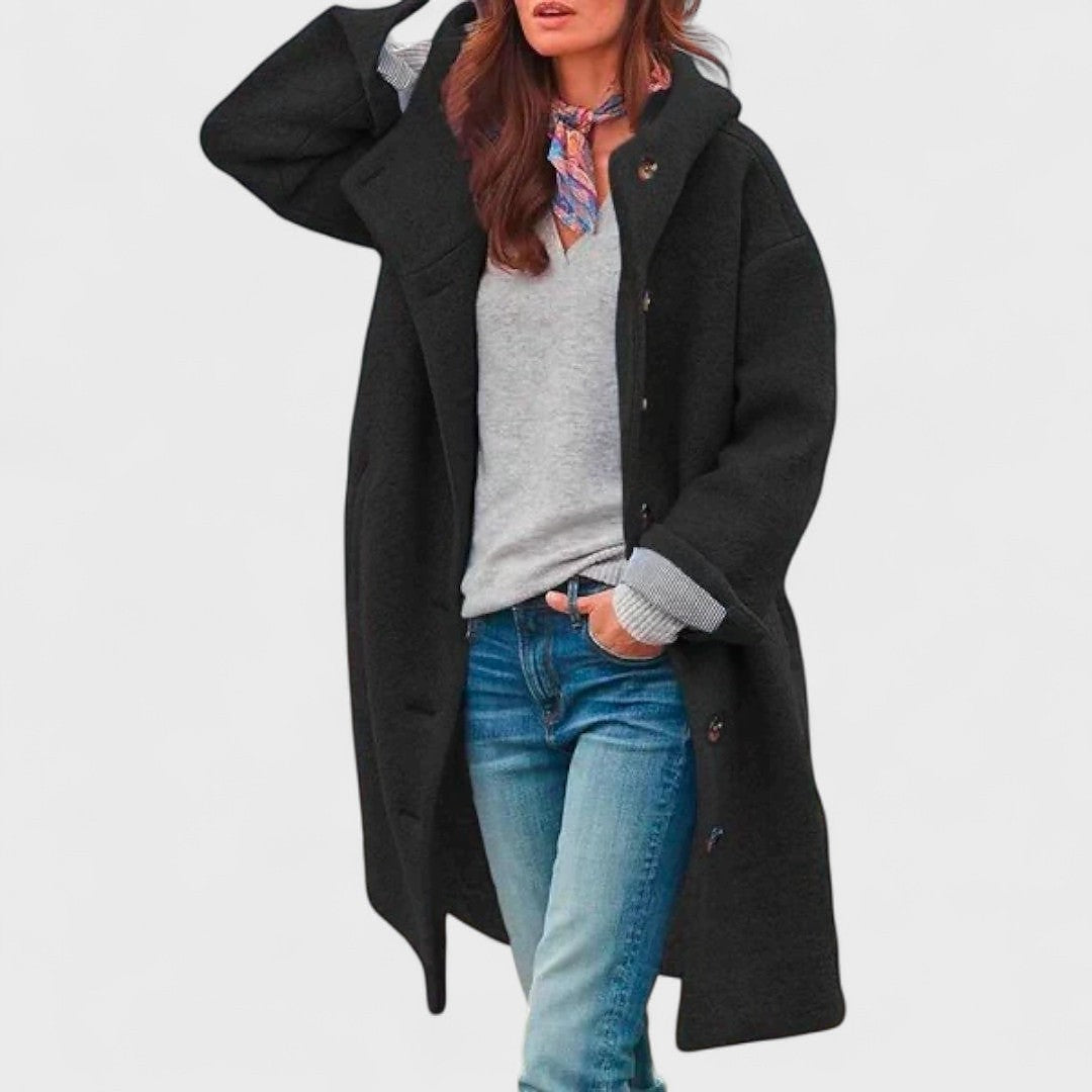 Women's winter coat in black, long hooded oversized with button front