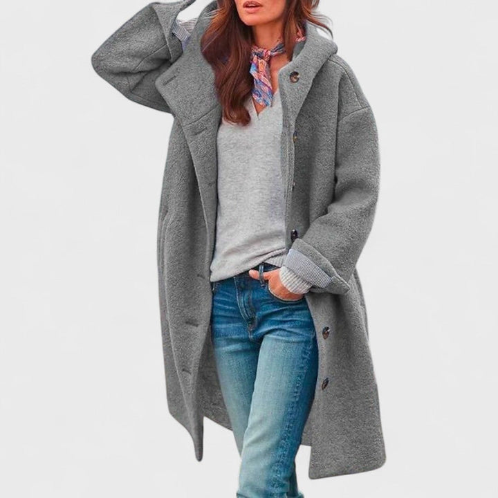 Gray long coat with hood and a single row of buttons