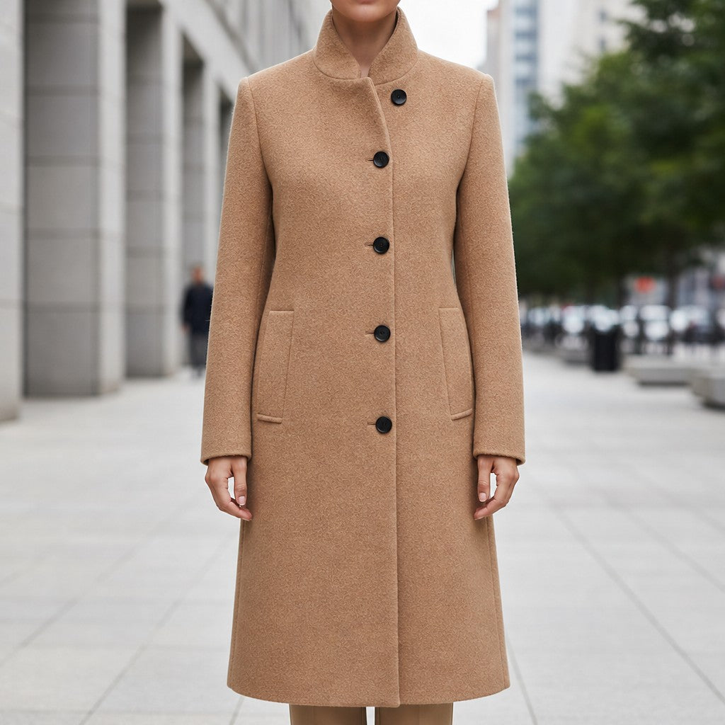 Camel single breasted coat buttoned to the high collar