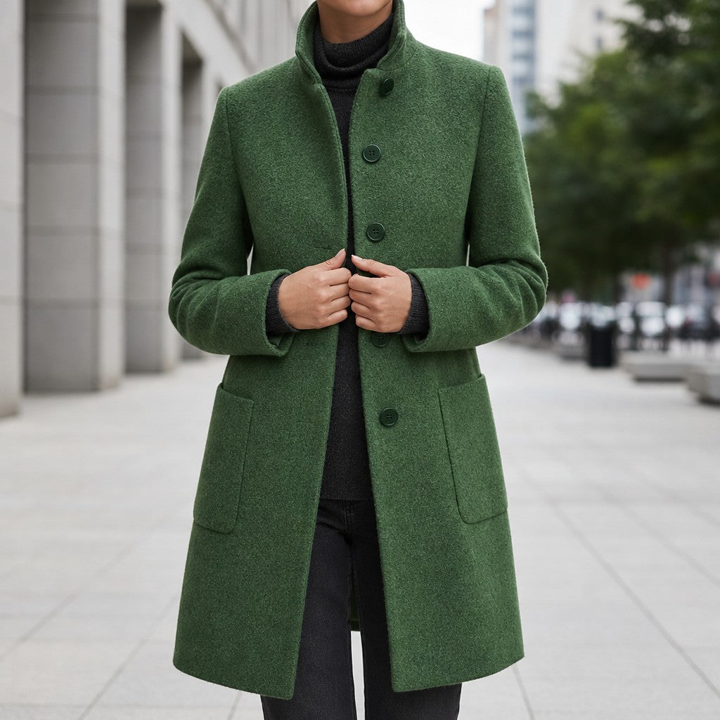 Green long coat with a high collar worn over a black turtleneck