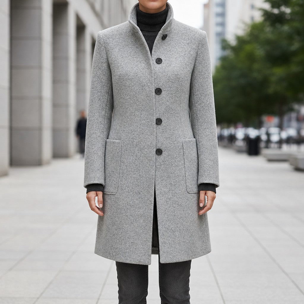 Light gray tailored coat with a stand collar and dark buttons