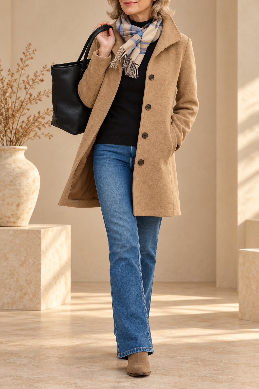 Women's winter coat in camel, single breasted mid length with collar, worn with jeans