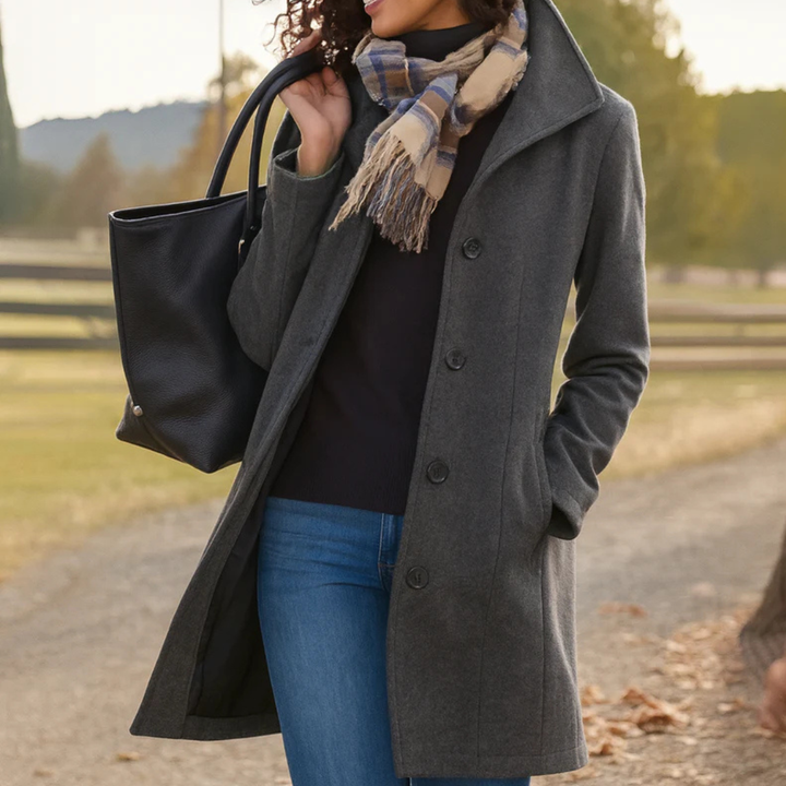 Charcoal single breasted coat with high collar and plaid scarf