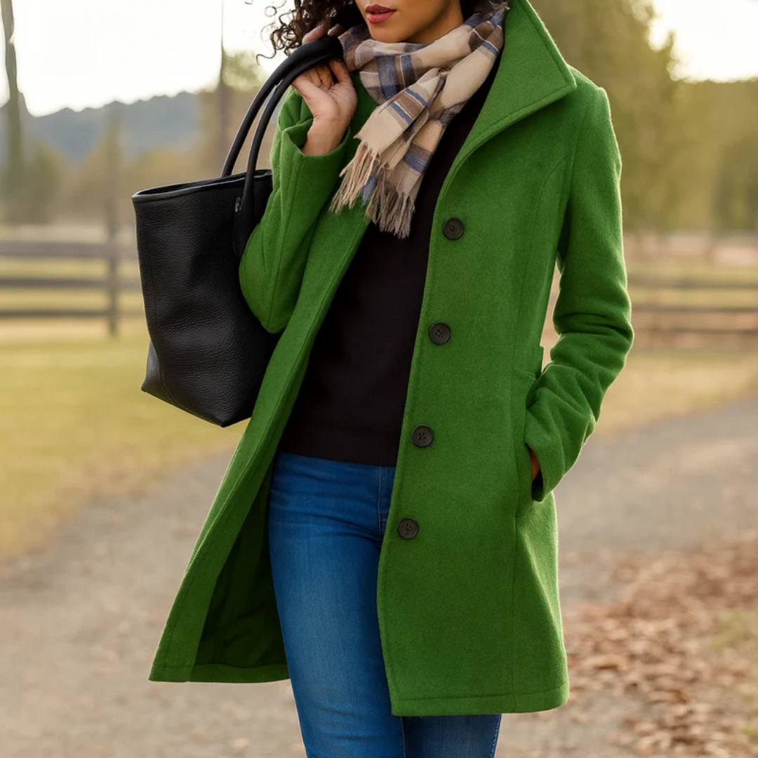 Green single breasted winter coat with wide collar and plaid scarf