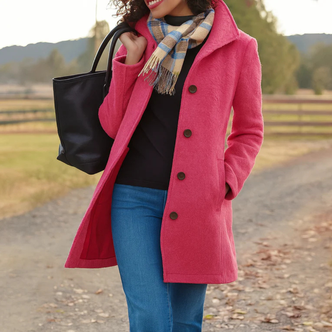 Hot pink mid length winter coat with collar, worn with a plaid scarf