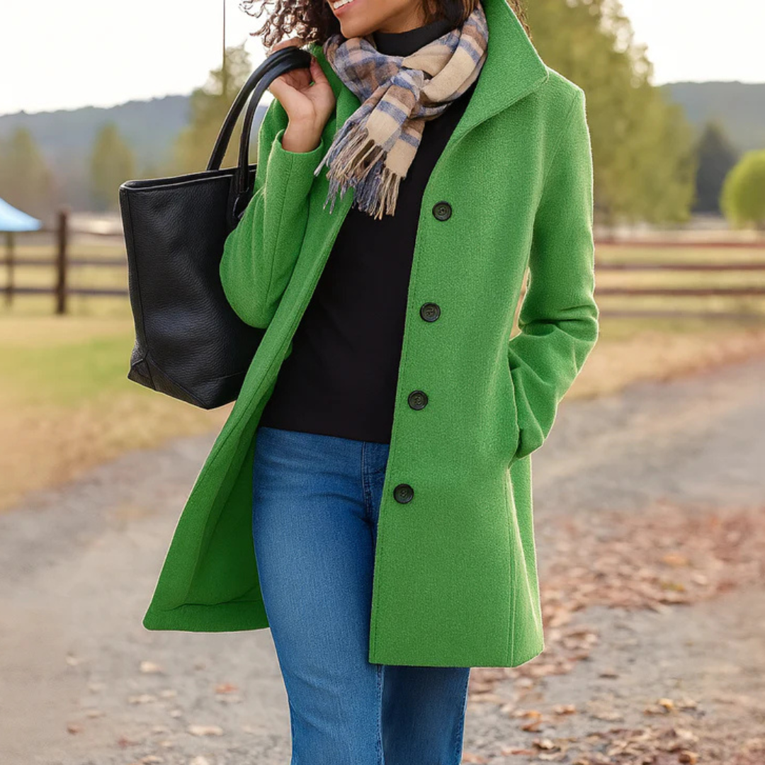 Light green single breasted coat with collar, styled with jeans and scarf