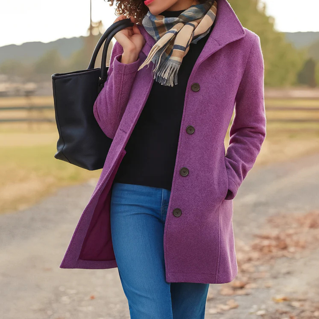 Purple mid length coat with collar and buttons, hand in pocket