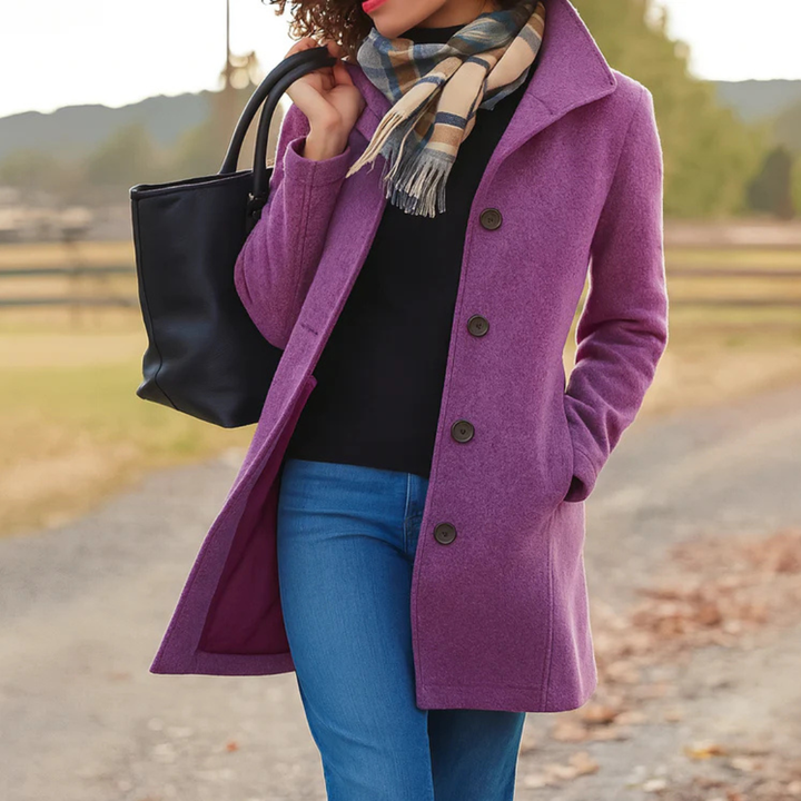 Purple mid length coat with collar and buttons, hand in pocket