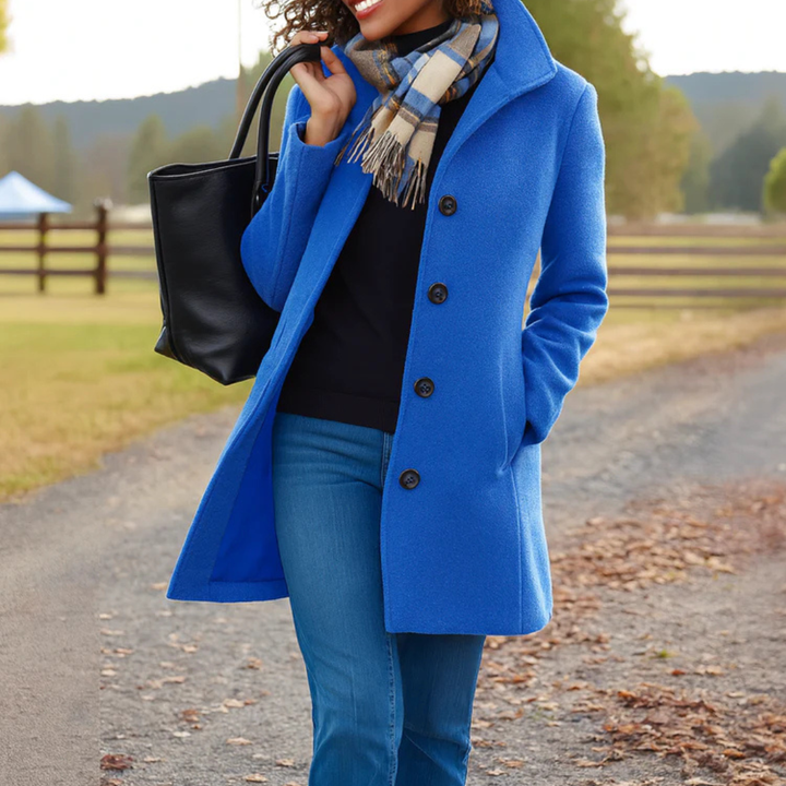 Royal blue single breasted coat with collar and button front