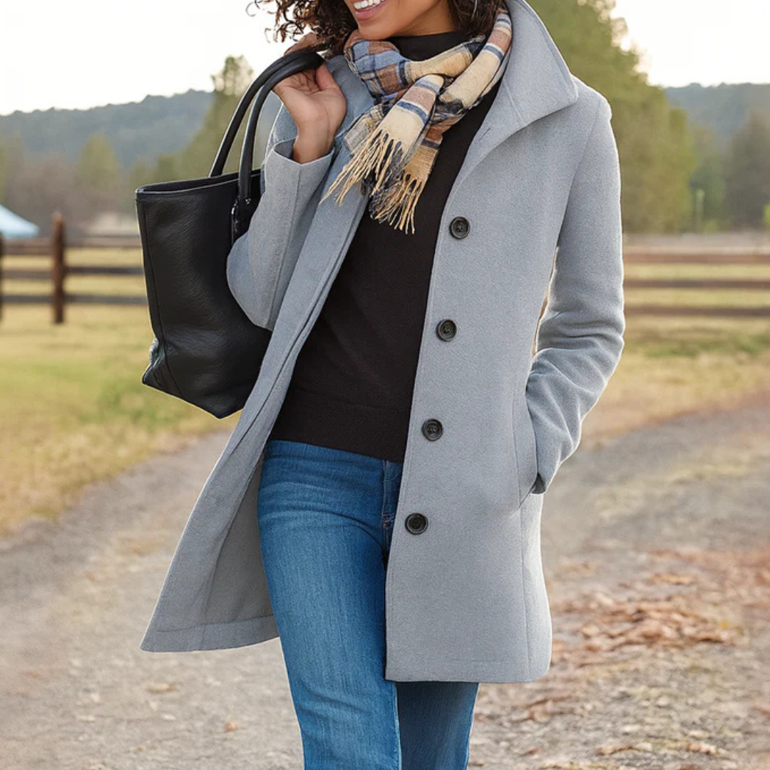 Silver gray single breasted coat with collar, worn with jeans and a scarf