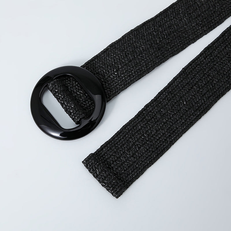 Black woven belt laid open to show the full length and buckle