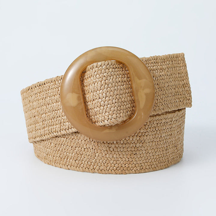 Camel woven belt with a marbled caramel round buckle