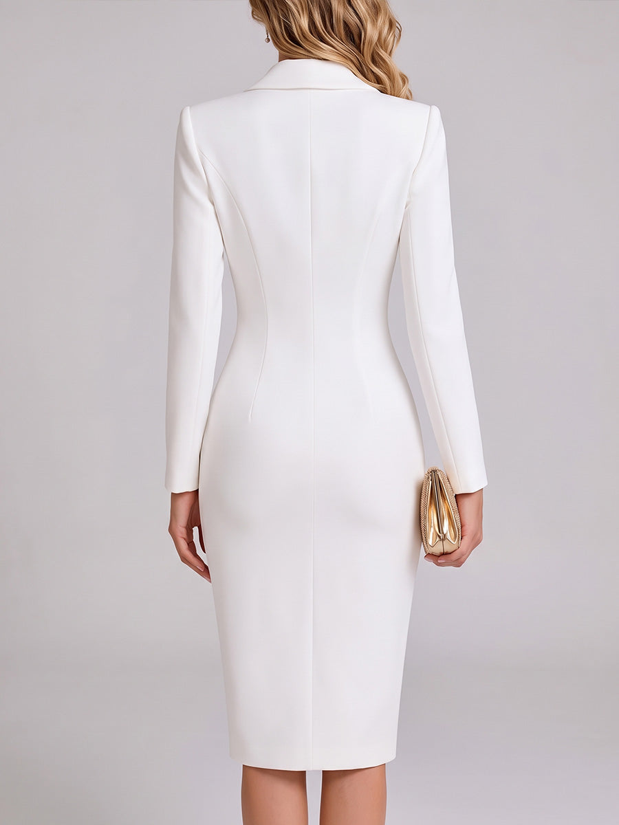 Back view of the white wrap dress with tailored seams and knee length
