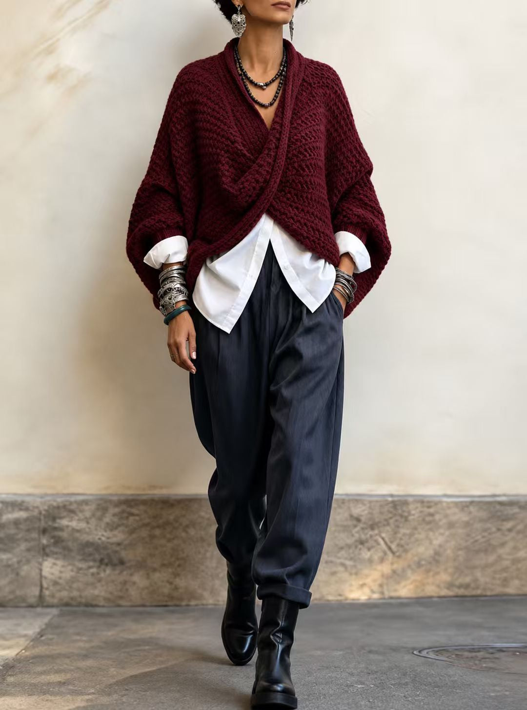Full outfit with burgundy wrap sweater