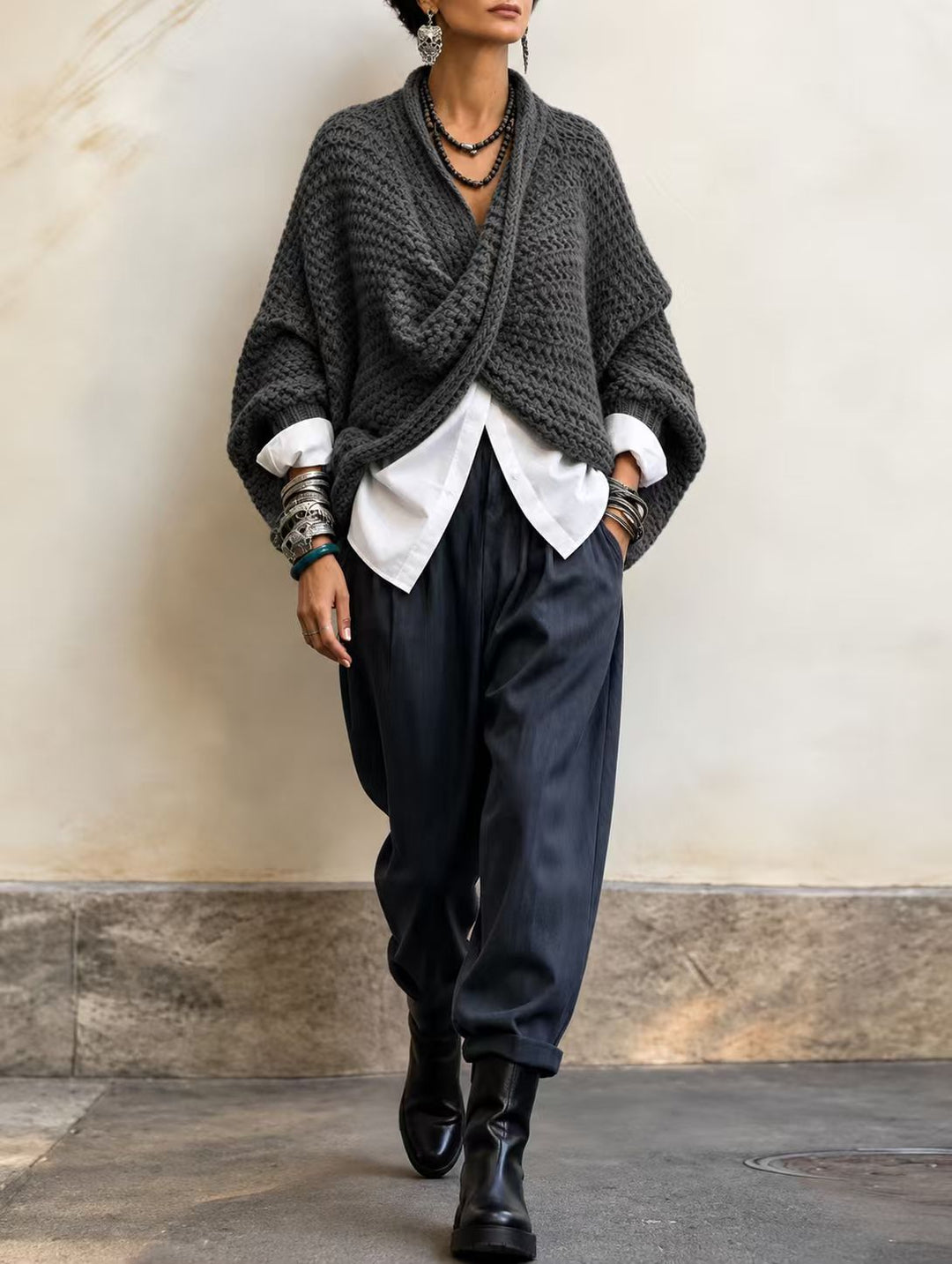 Full outfit with charcoal wrap sweater