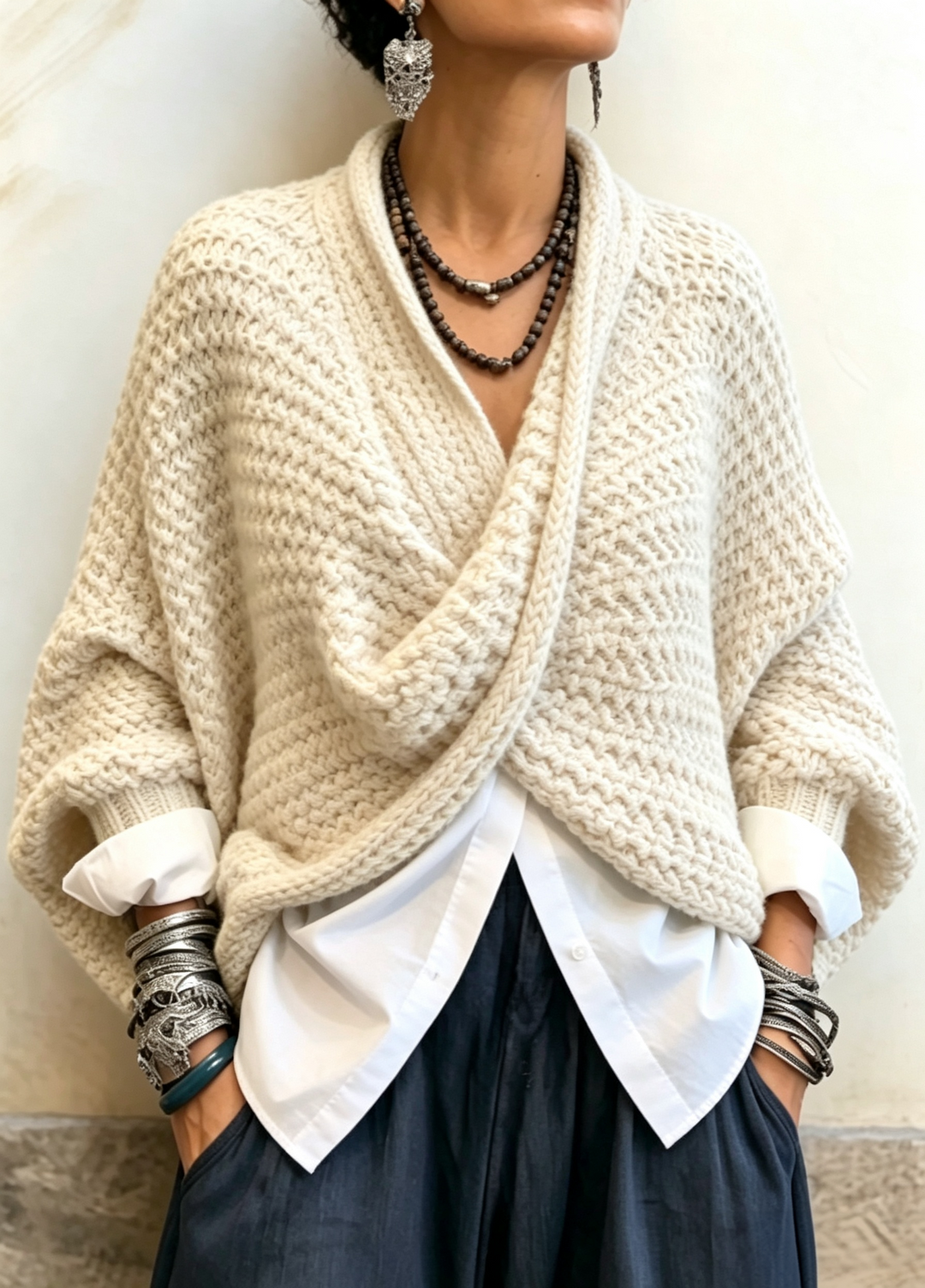 Cream oversized wrap sweater