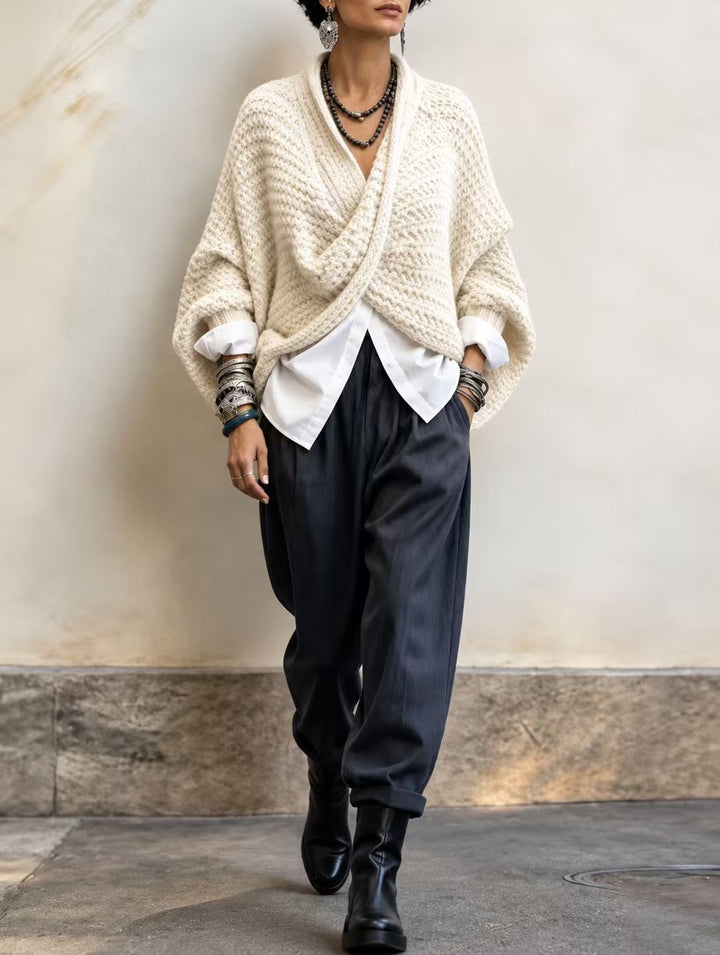 Full outfit with cream wrap sweater