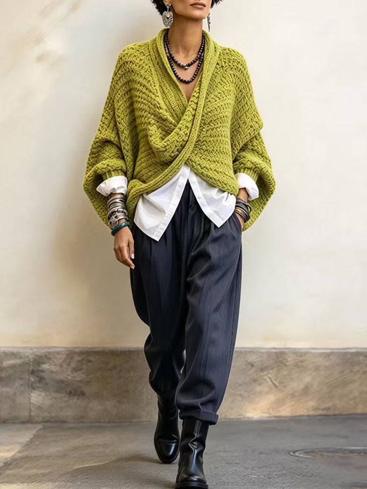 Full outfit with lime wrap sweater and dark trousers