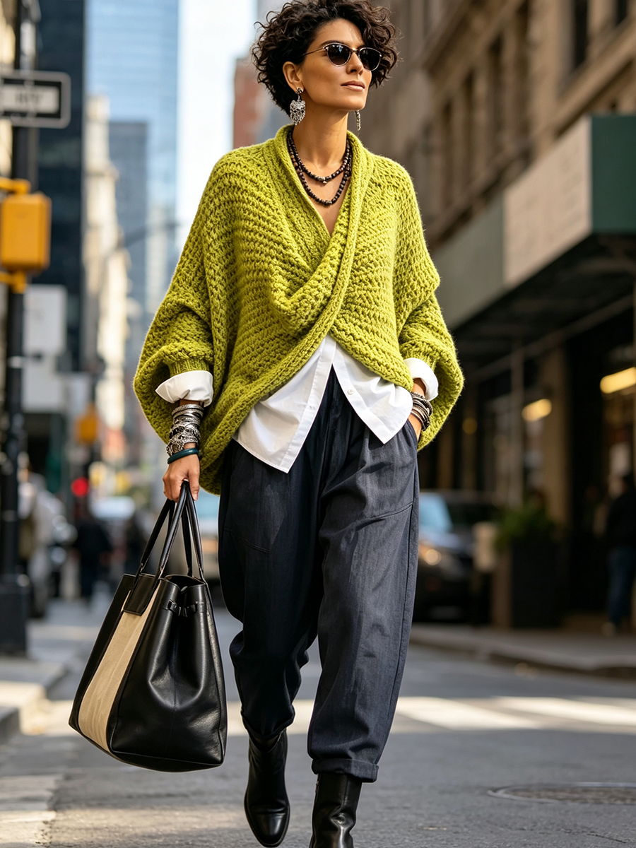 Lime crossover sweater on a city street
