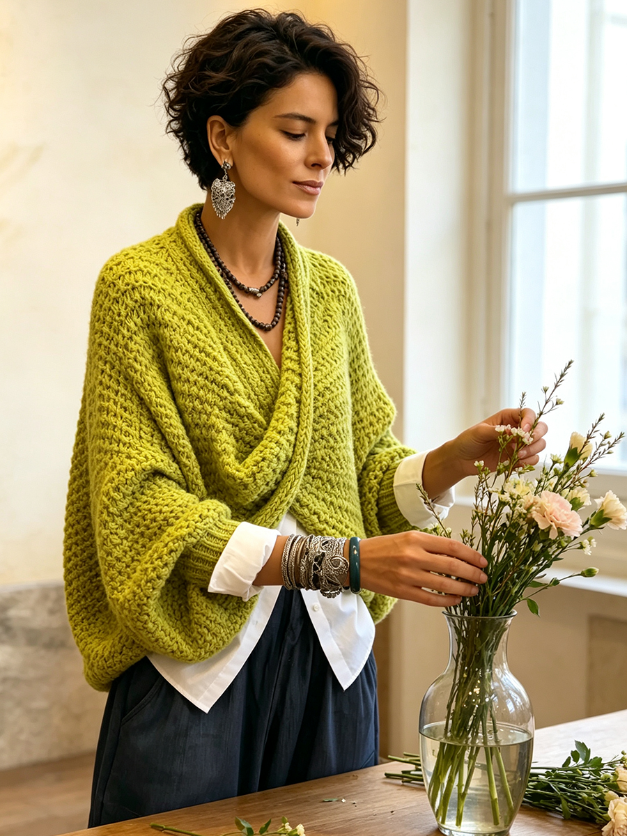 Lime oversized sweater arranging flowers