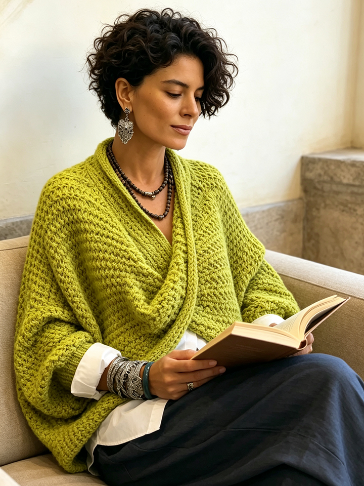 Lime wrap sweater worn while reading