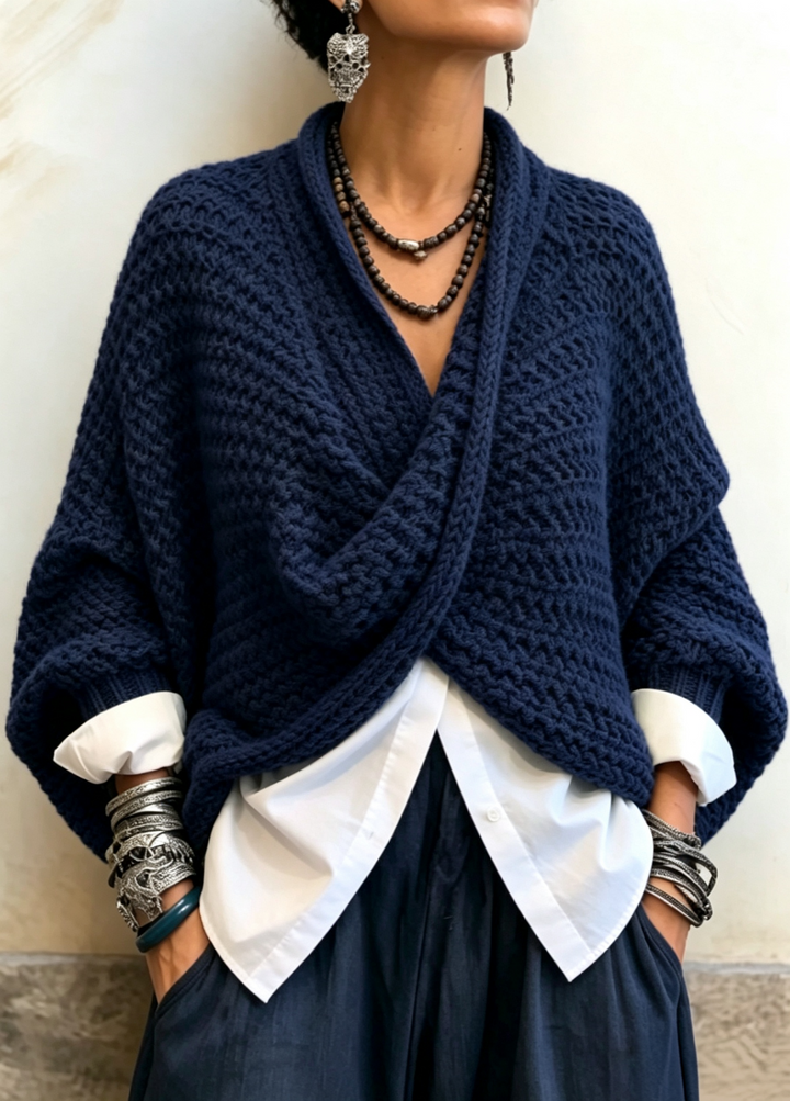 Navy oversized wrap sweater over a white shirt