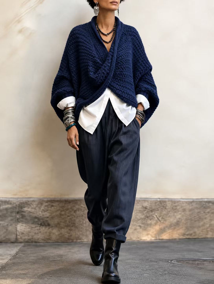 Full outfit with navy wrap sweater