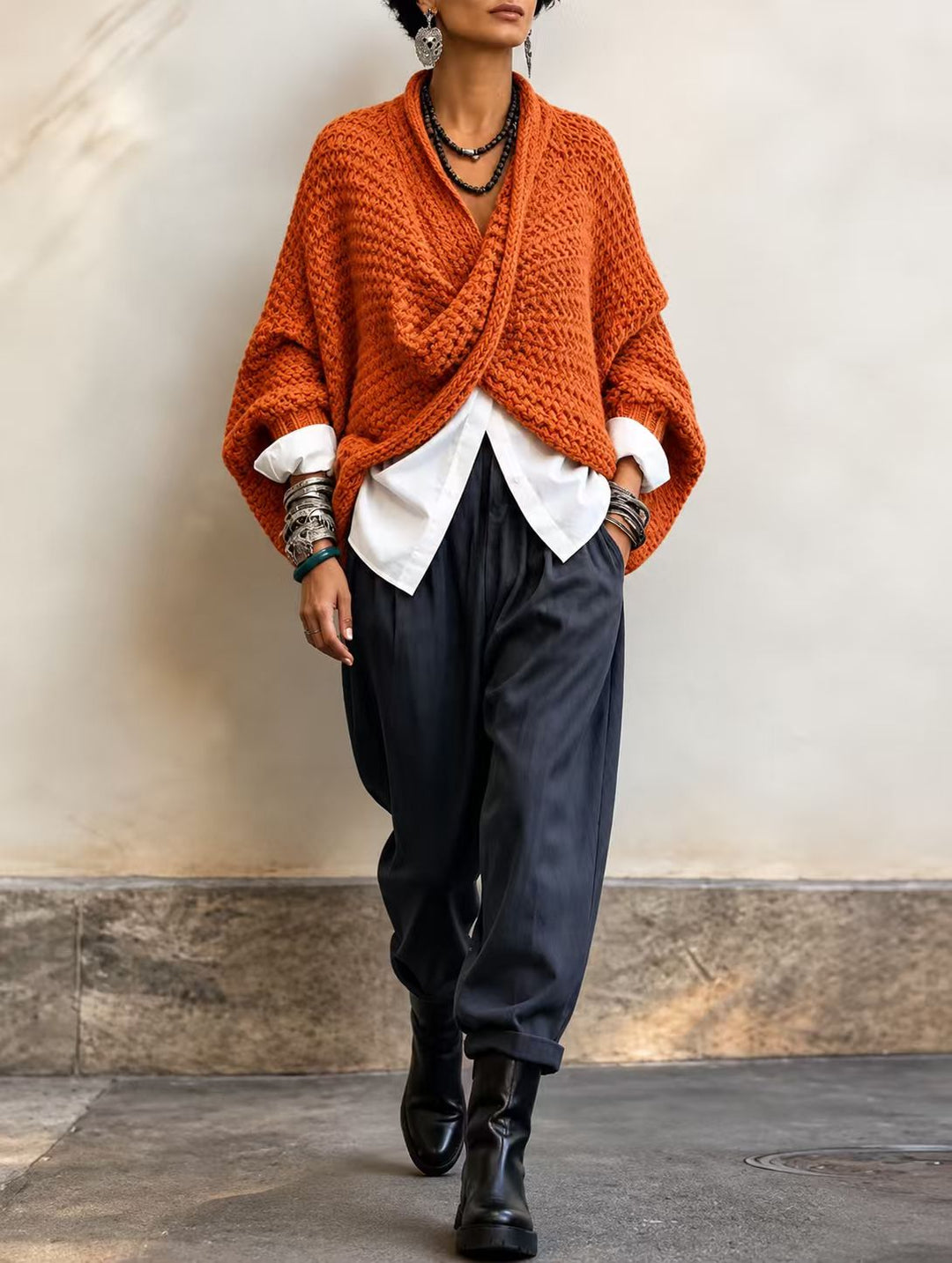 Full outfit with rust wrap sweater