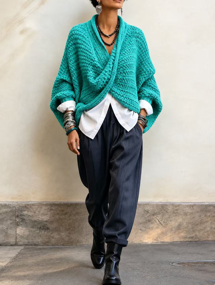 Full outfit with teal wrap sweater