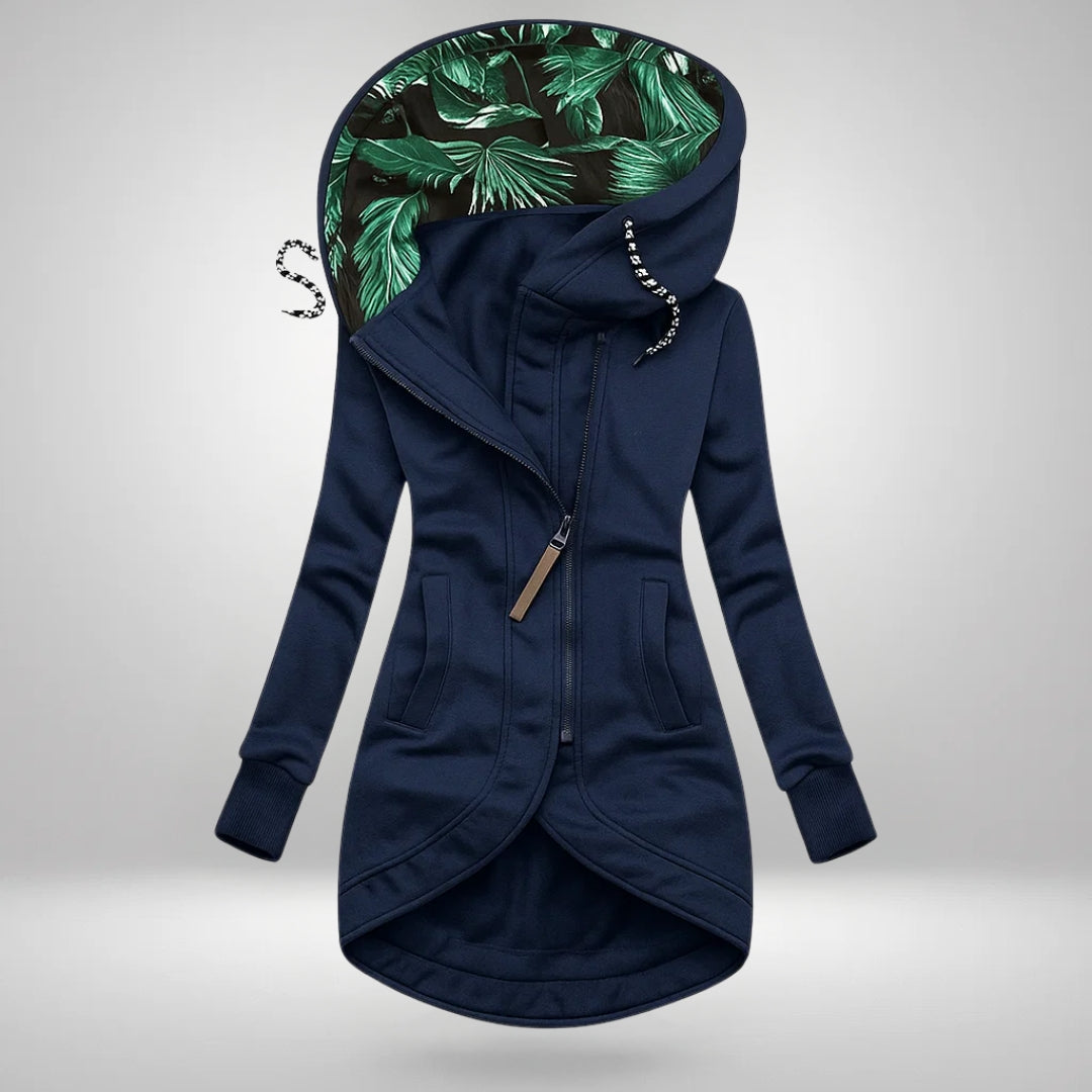 Women's Zip Up Hoodie | Longline Asymmetric Zip with Printed Hood